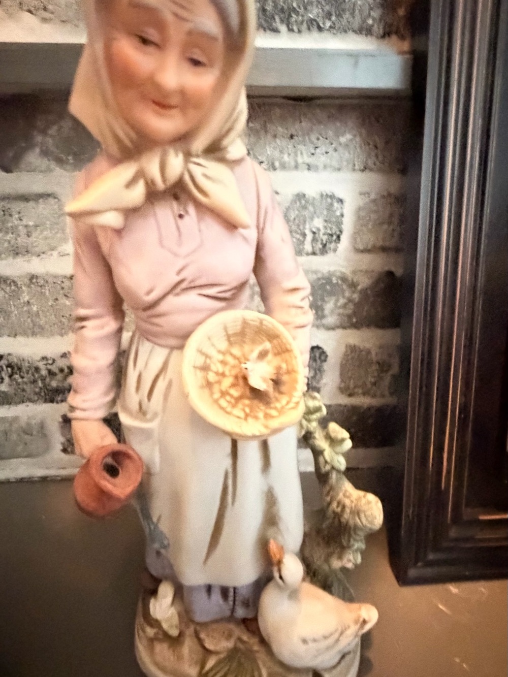 Hand-Painted Ceramic Figurine - Woman with Goose in Soft Pink and Cream